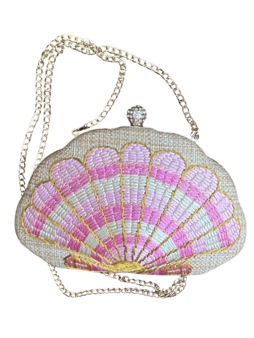 Isaac Mizrahi Shell Clutch Embroidered Raffia Pink Gold Chain Purse